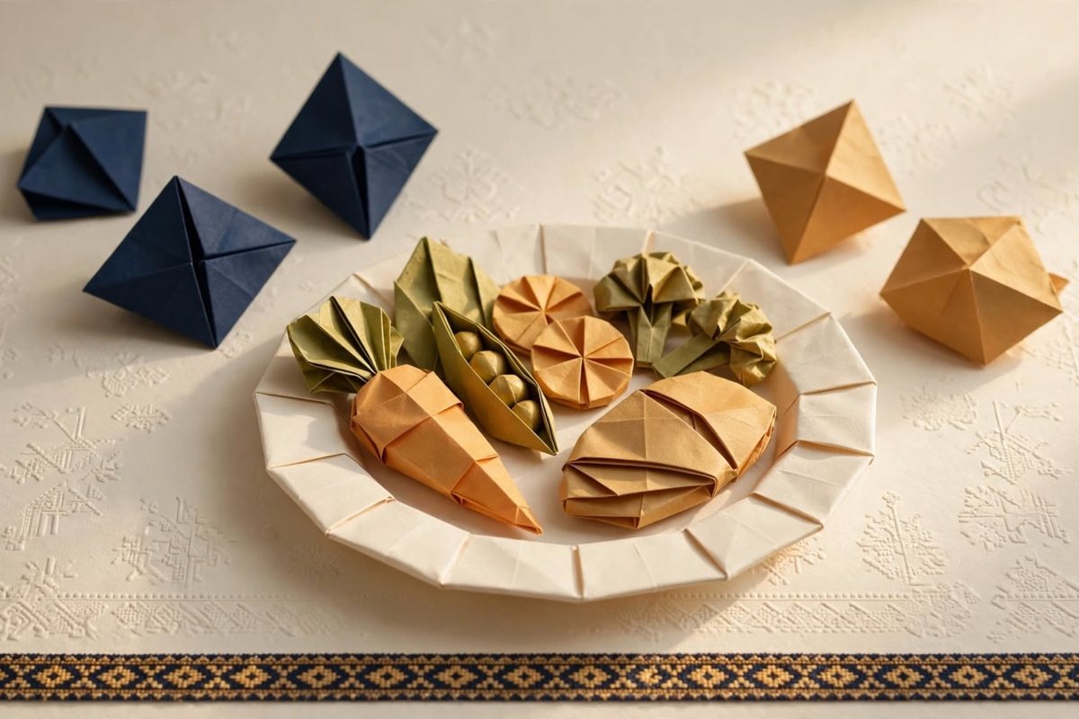 Origami lėkštė su daržovėmis ant staltiesės su lietuvišku raštu